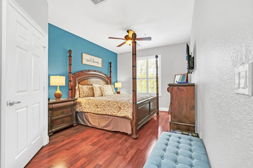 The master suite features a gorgeous four-poster King bed and ensuite bathroom