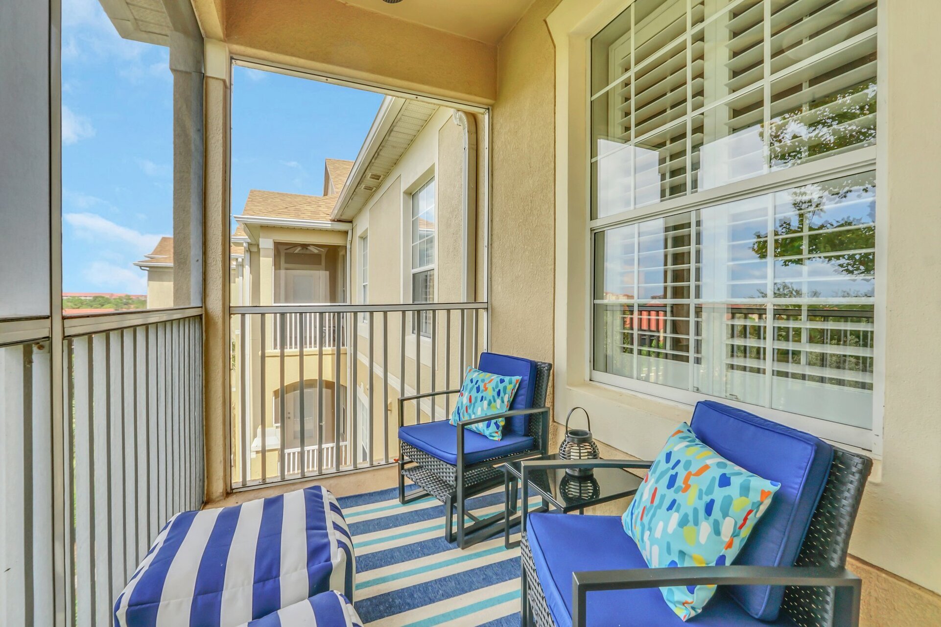 The balcony is completely screened-in and features a prime view of beautiful Florida sunsets