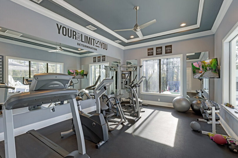 A fitness room with G7 home gym, treadmill, elliptical, bike, free weights and pool views
