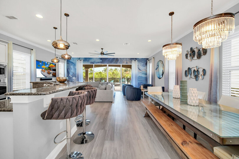 Open floor plan throughout the living space also featuring Sonos surround sound