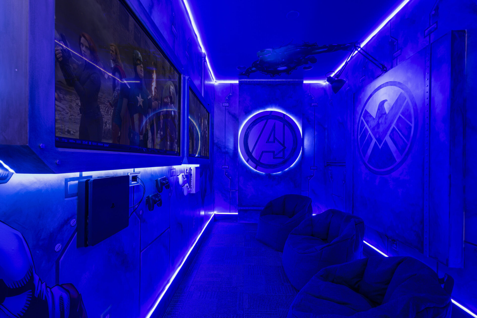 A secret video gaming room features both an Xbox and Playstation gaming systems