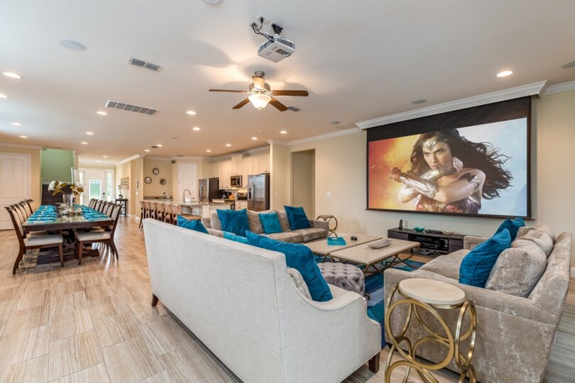 Enjoy a favorite movie together as a family on the 120-inch retractable projector screen, complete with 5.1 surround sound, a 4K Apple TV, upgraded cable and a Blu-ray player