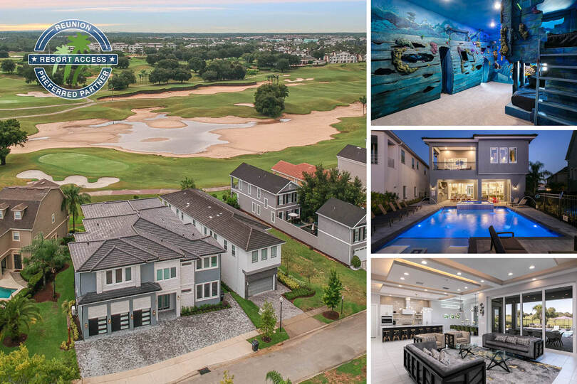 Stay at the Modern Jewel in Reunion Resort, a 10 bedroom luxury vacation villa with a West facing pool with beautiful views of the golf course, games room and basketball court | PHOTOS TAKEN: November 2020