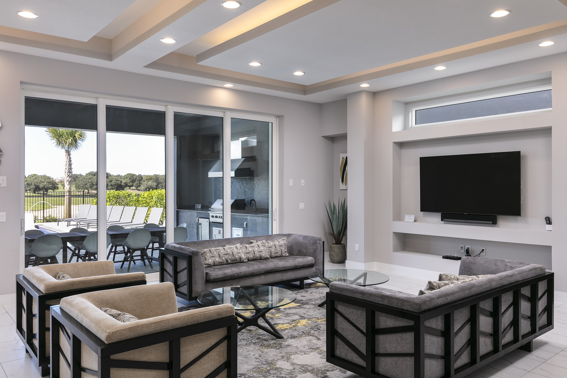 Get comfortable on the spacious sofa seating and watch TV on the 75-inch SMART TV