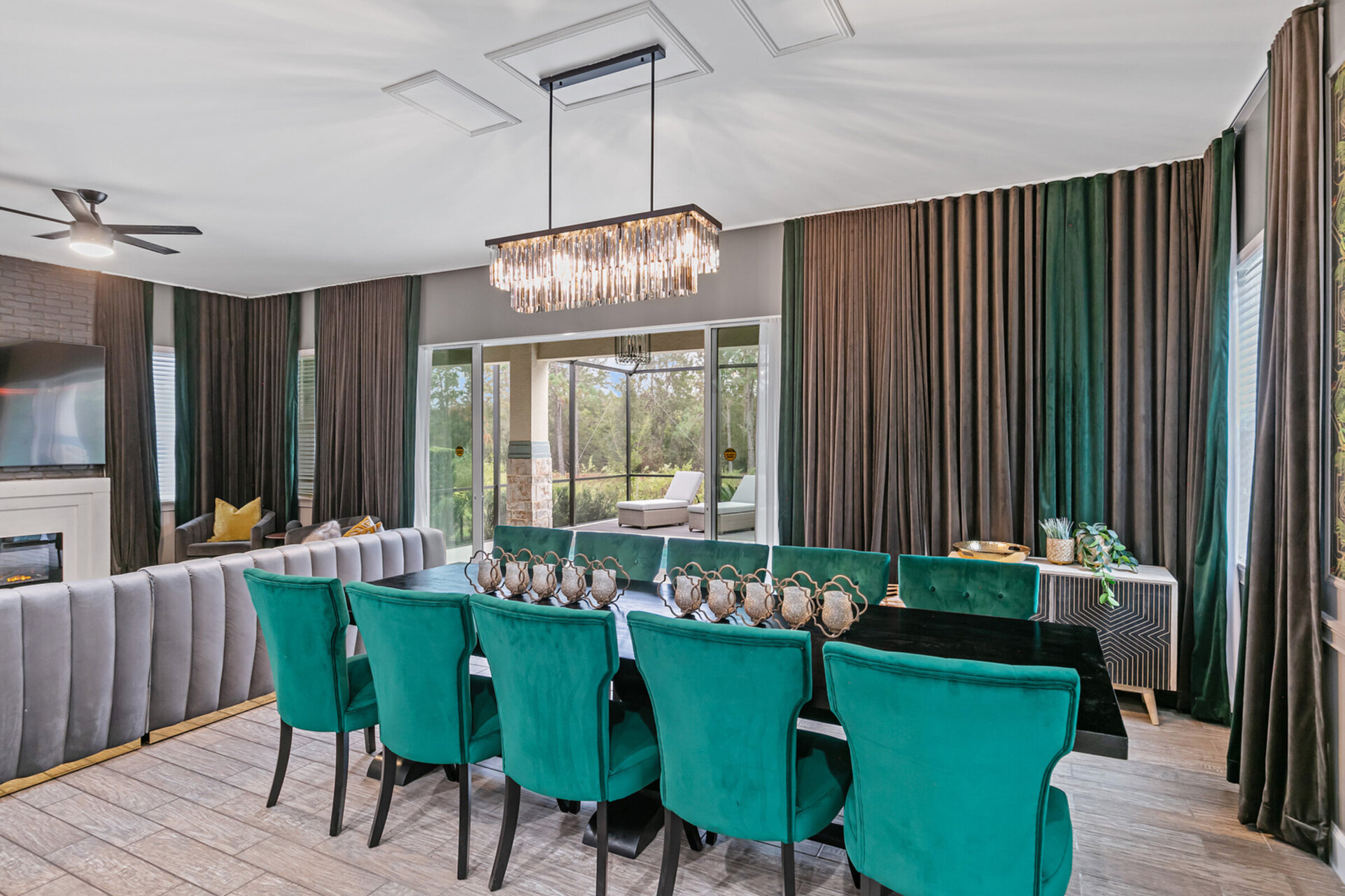 Gather at the formal dining table that can seat 10 guests.