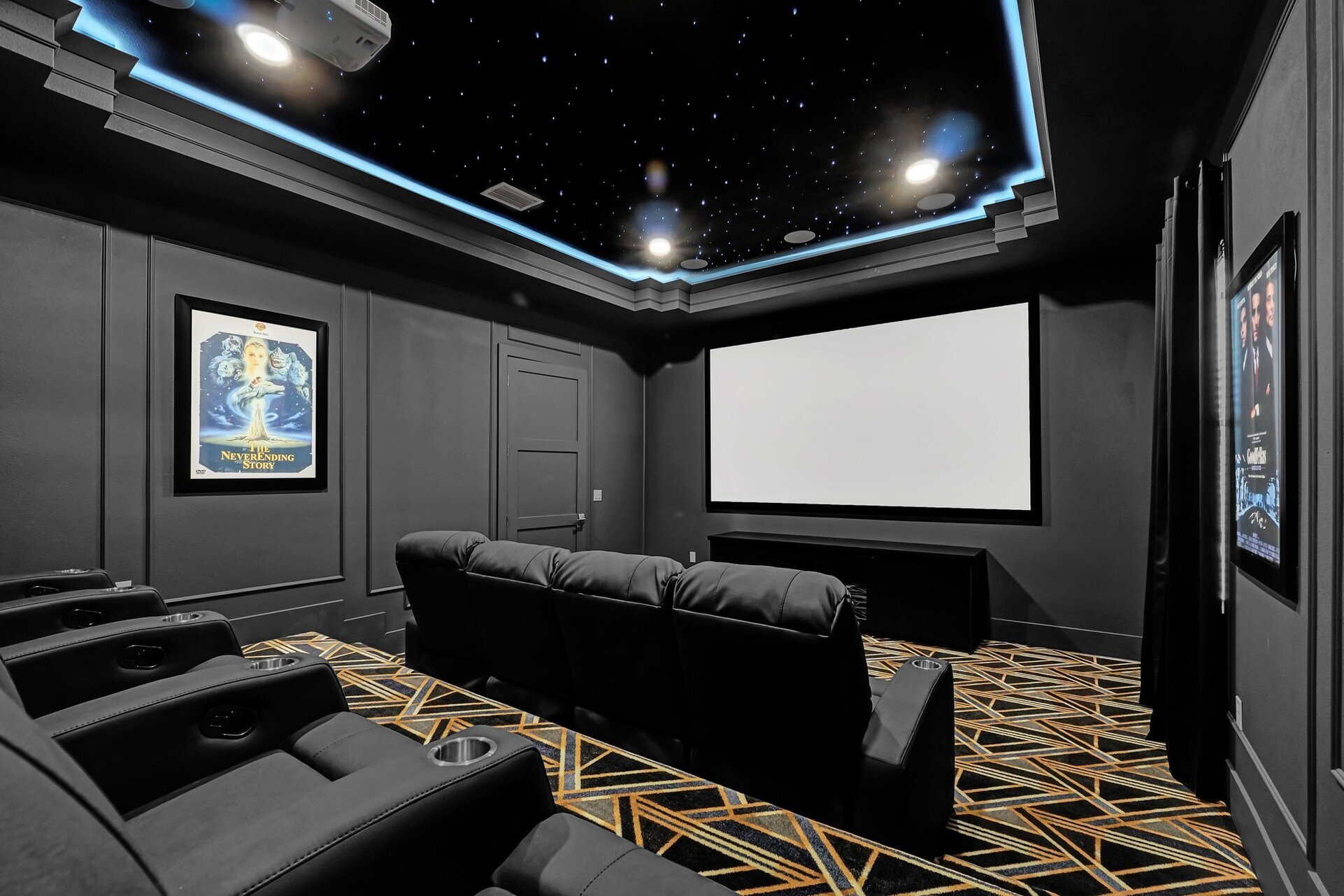 Immerse yourself in the ultimate cinematic experience in the theater room. With a massive projector screen, stereo surround sound, and nine plush leather reclining seats, every movie becomes an unforgettable journey.