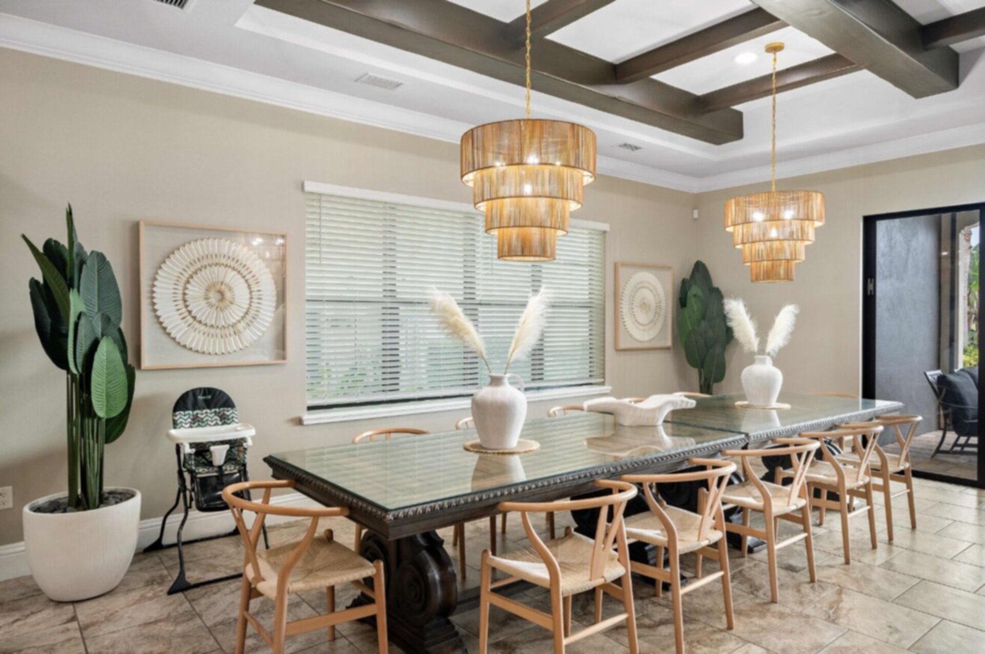 Dine at the formal dining table with seating for 12