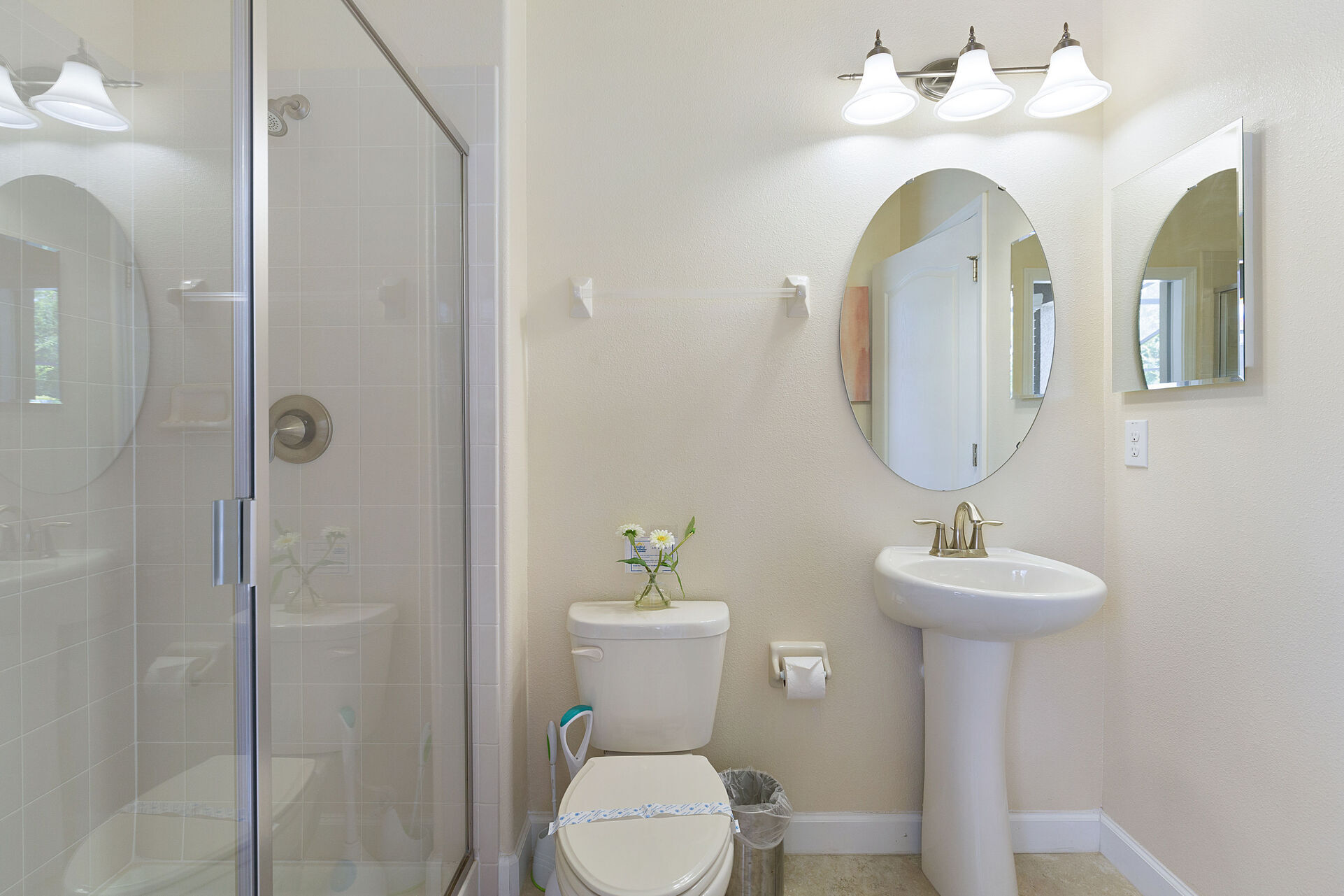 Another in-home bathroom with a sleek design and walk in shower