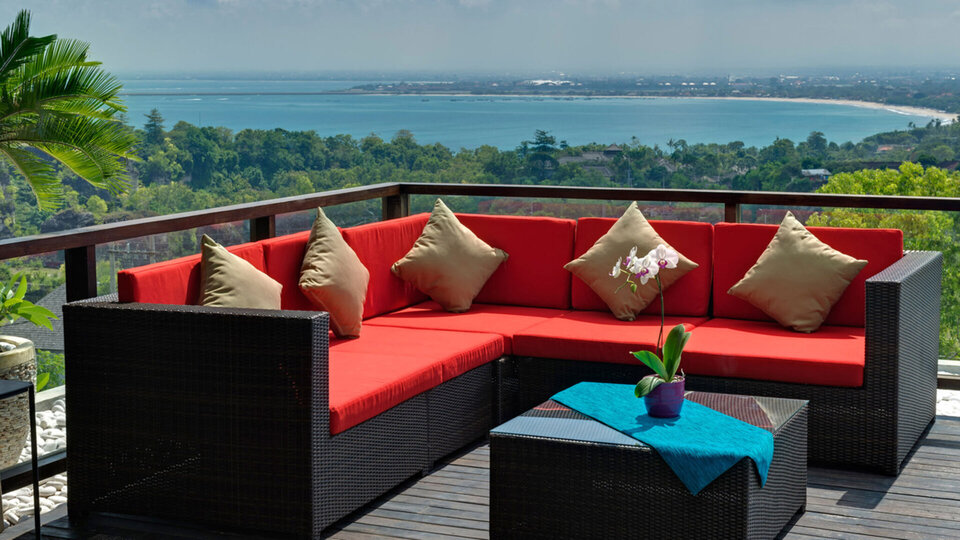 Roof deck lounge overlooking Jimbaran Bay
