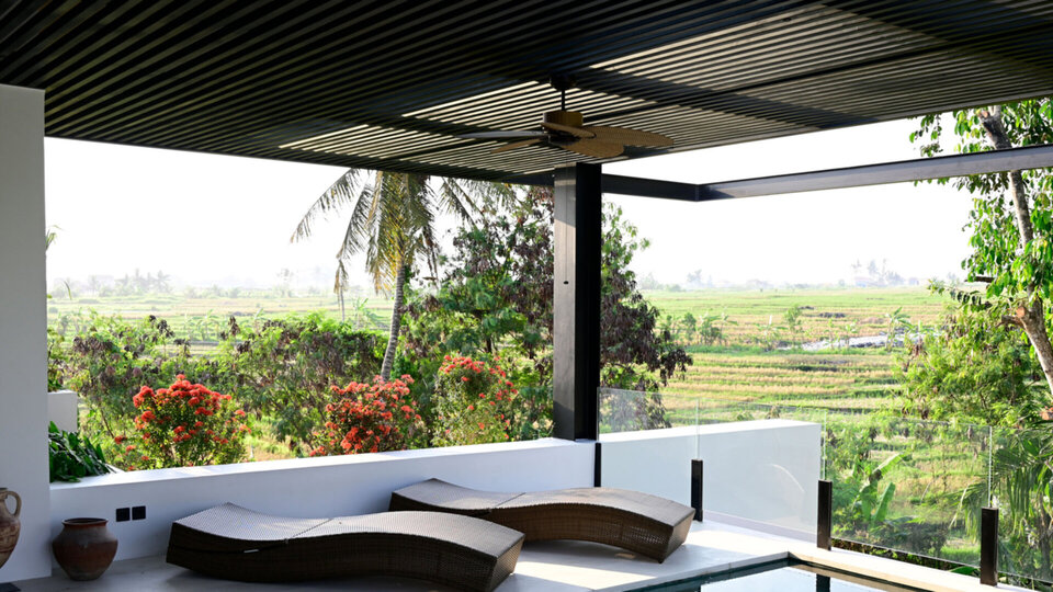 The tranquil sun deck overlooking the fields