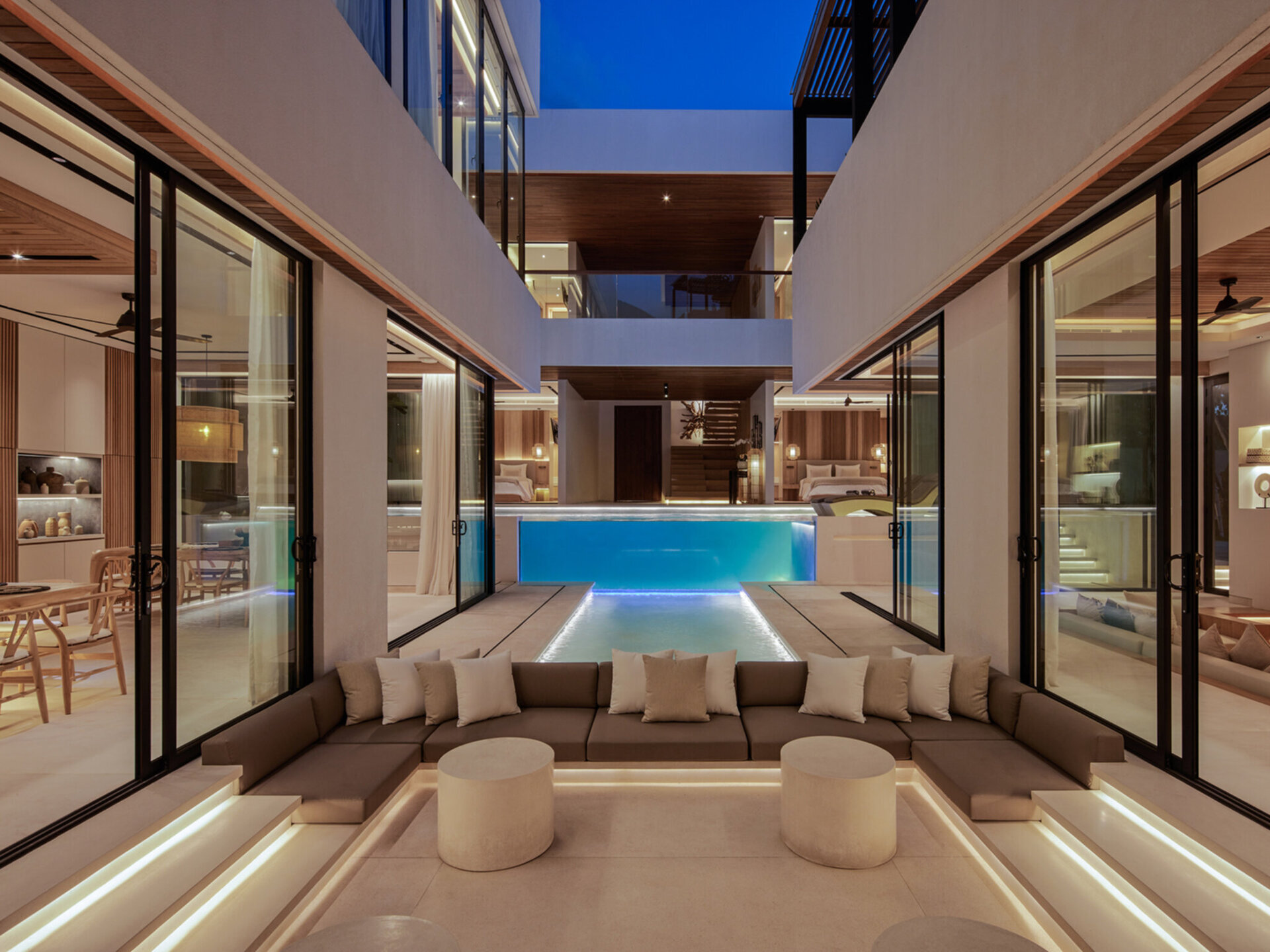 Sunken seating area viewing the pool