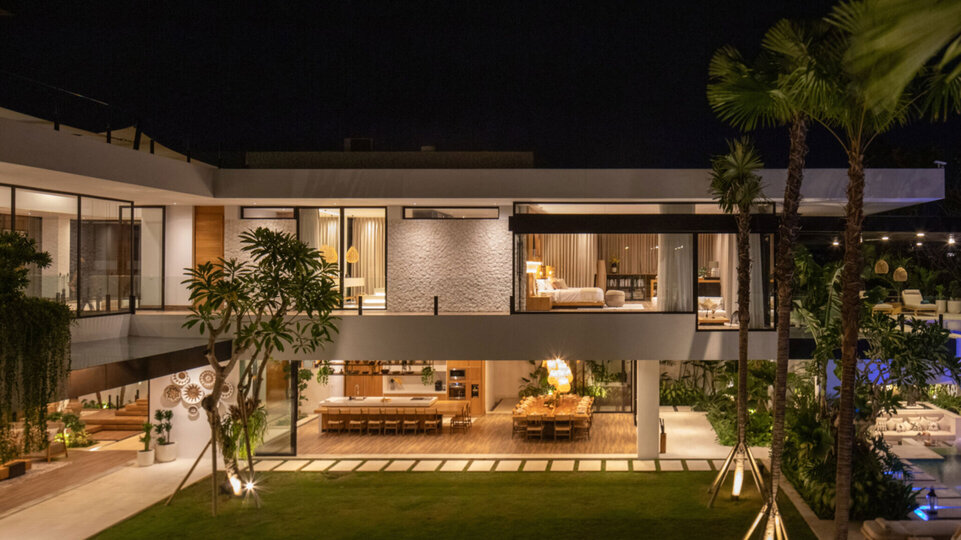 Living area by the lawn at dusk