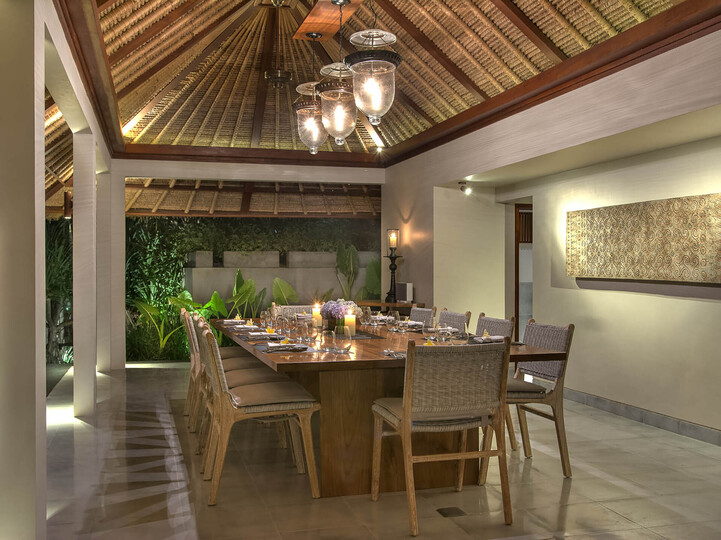 The dining room lit up at night