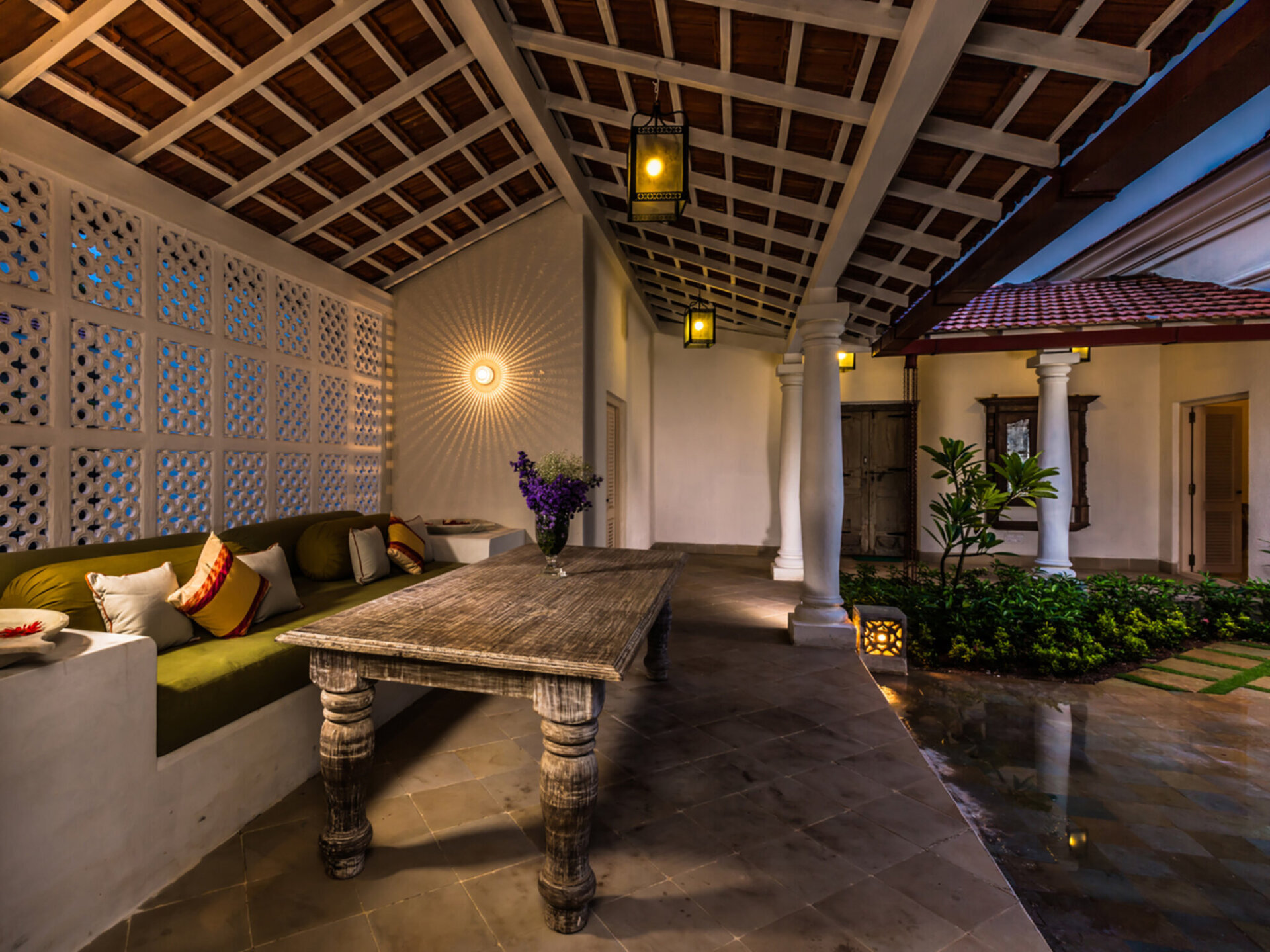 Outdoor seating at night