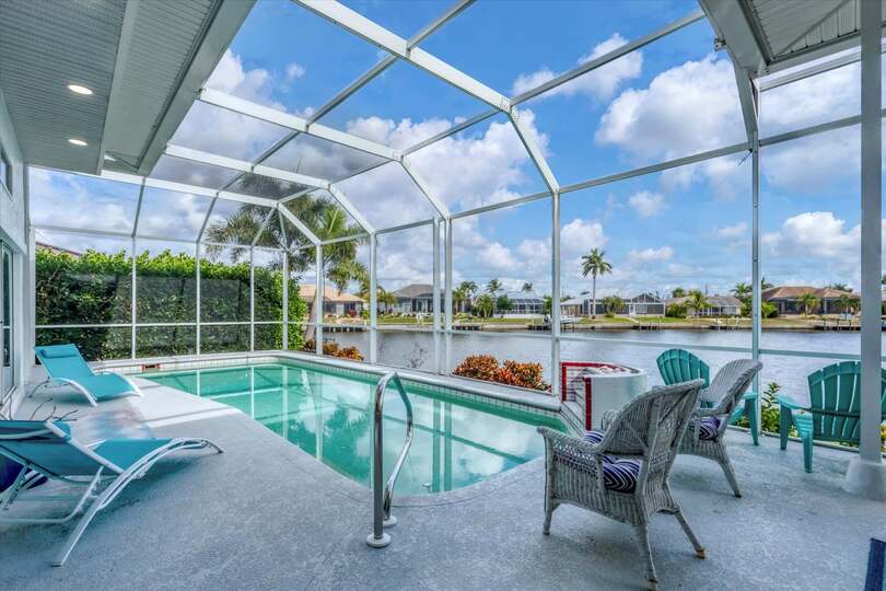 Sparkling saltwater pool overlooking the canal