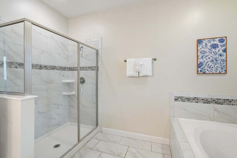Master King Bathroom 1 Downstairs Tub & Shower Door to Pool