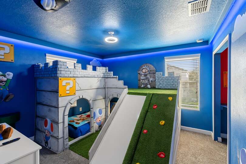 Twin/Twin Bunk + Twin Bedroom 4 Upstairs 43" Roku TV + 32" Roku With game Console Mario Theme