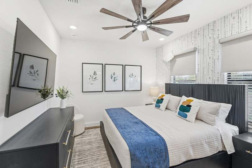 King Suite Bedroom 3 Upstairs Attached Bathroom 65" Smart TV